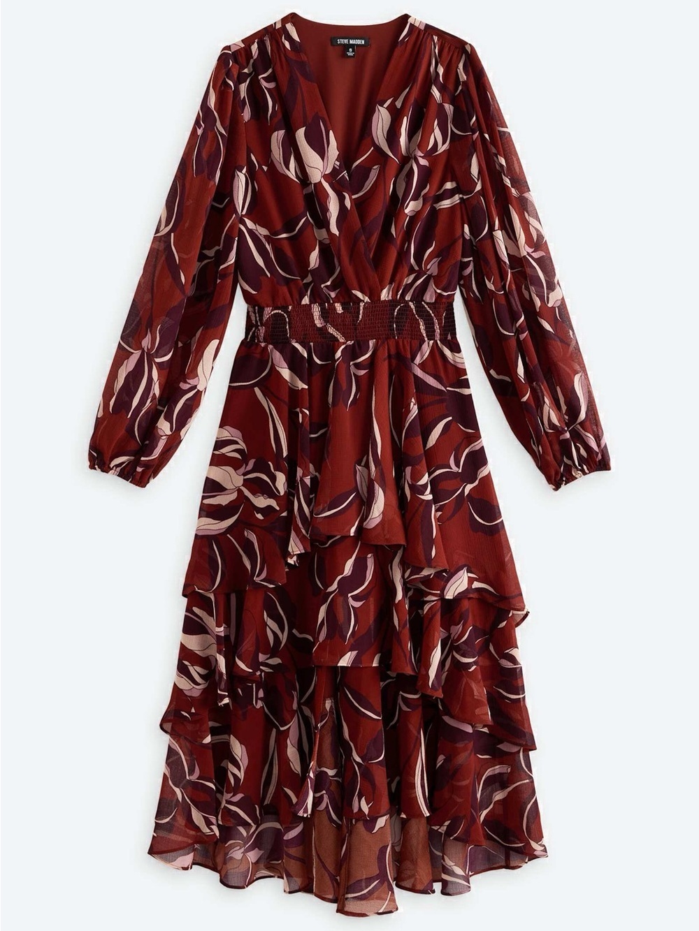 Steve Madden Bei Floral Long Sleeve Tiered High-Low Autumn Wedding Guest Dress - Picture 5 of 8
